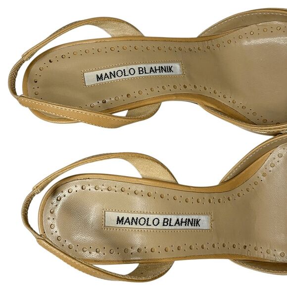 Manolo Blahnik Lazine Slingback Pumps EU 36.5 Tan Leather Knotted Pointed Heels - Picture 11 of 11